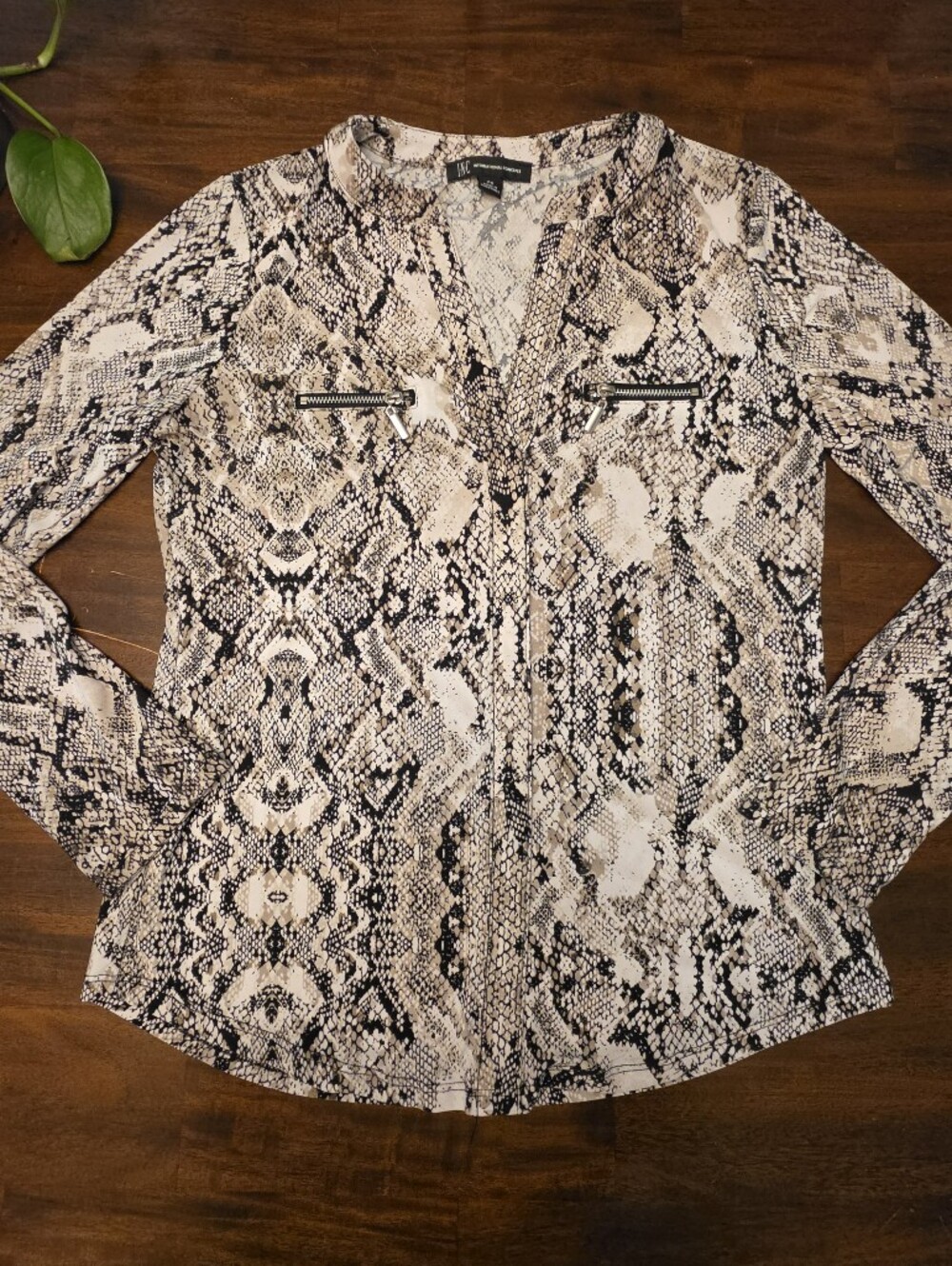 INC International Concepts Snakeskin Print Zip-Pocket Blouse Top PS